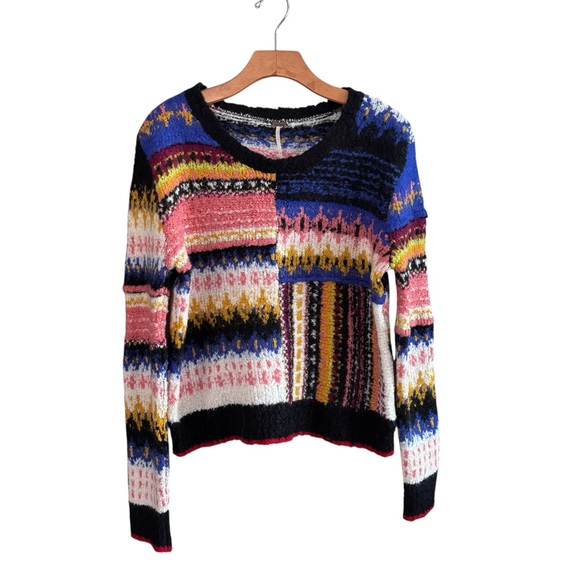 FREE PEOPLE Women’s Best Day Ever Sweater Size L Patchwork Alpaca - Picture 2 of 16